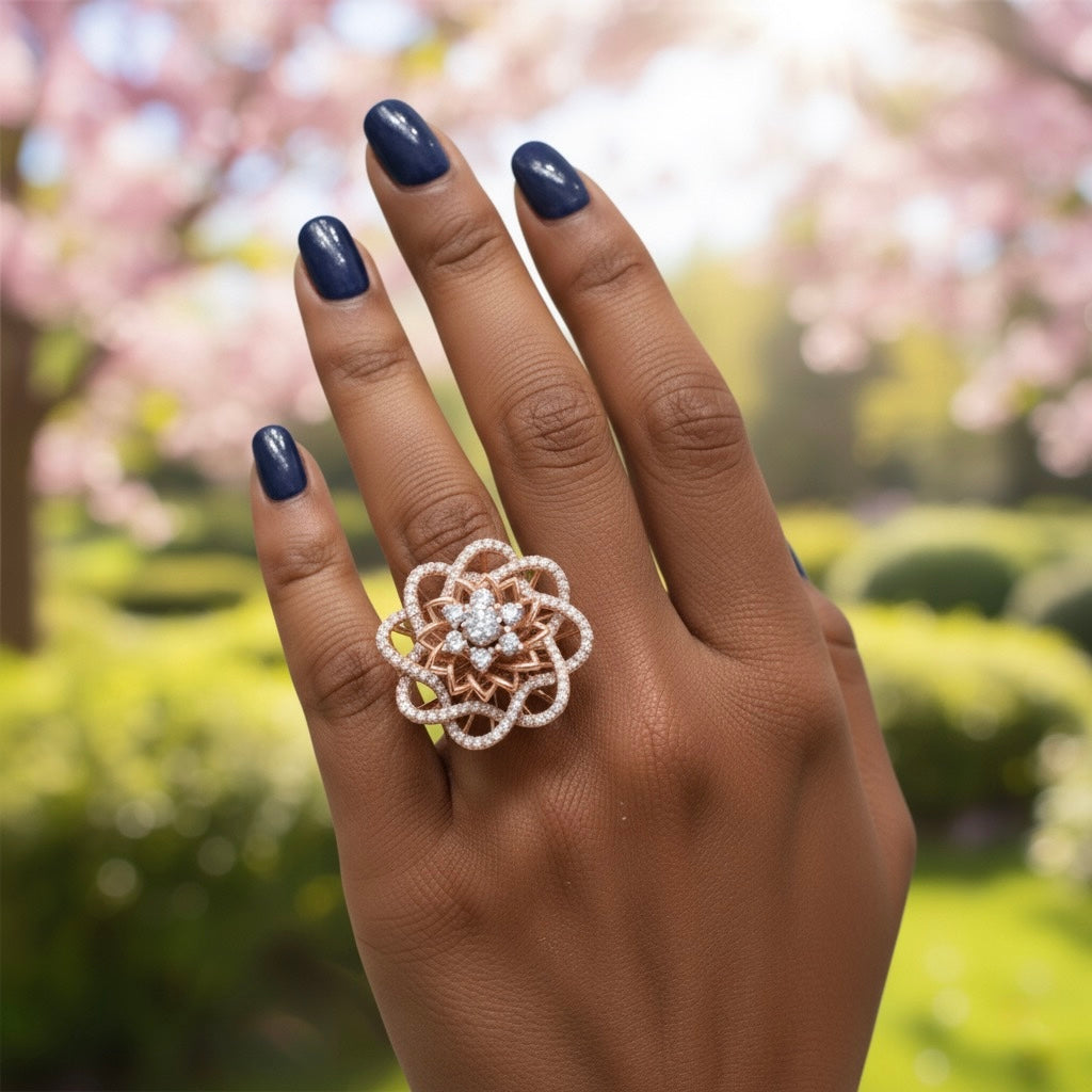 Diamtrendz 925 sterling silver rose gold plated cubic zirconia floral ring
