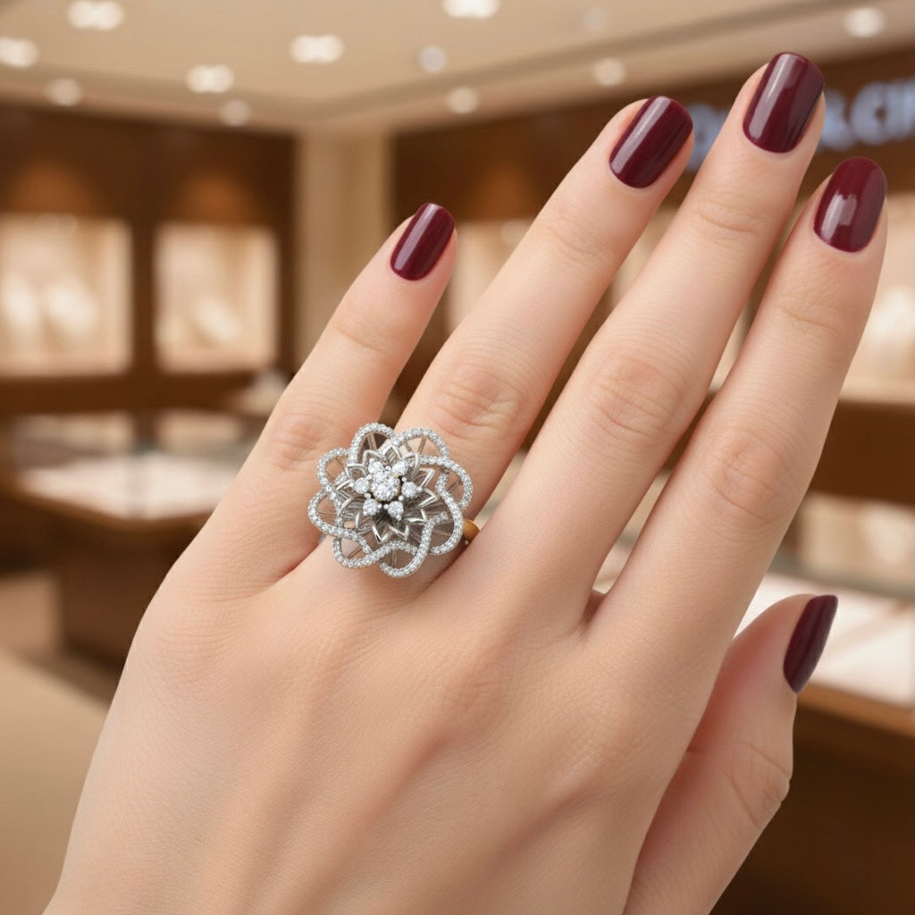 Diamtrendz 925 sterling silver white gold plated cubic zirconia floral ring