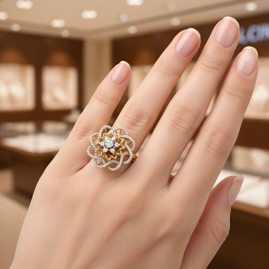 Diamtrendz 925 sterling silver yellow gold plated cubic zirconia floral ring