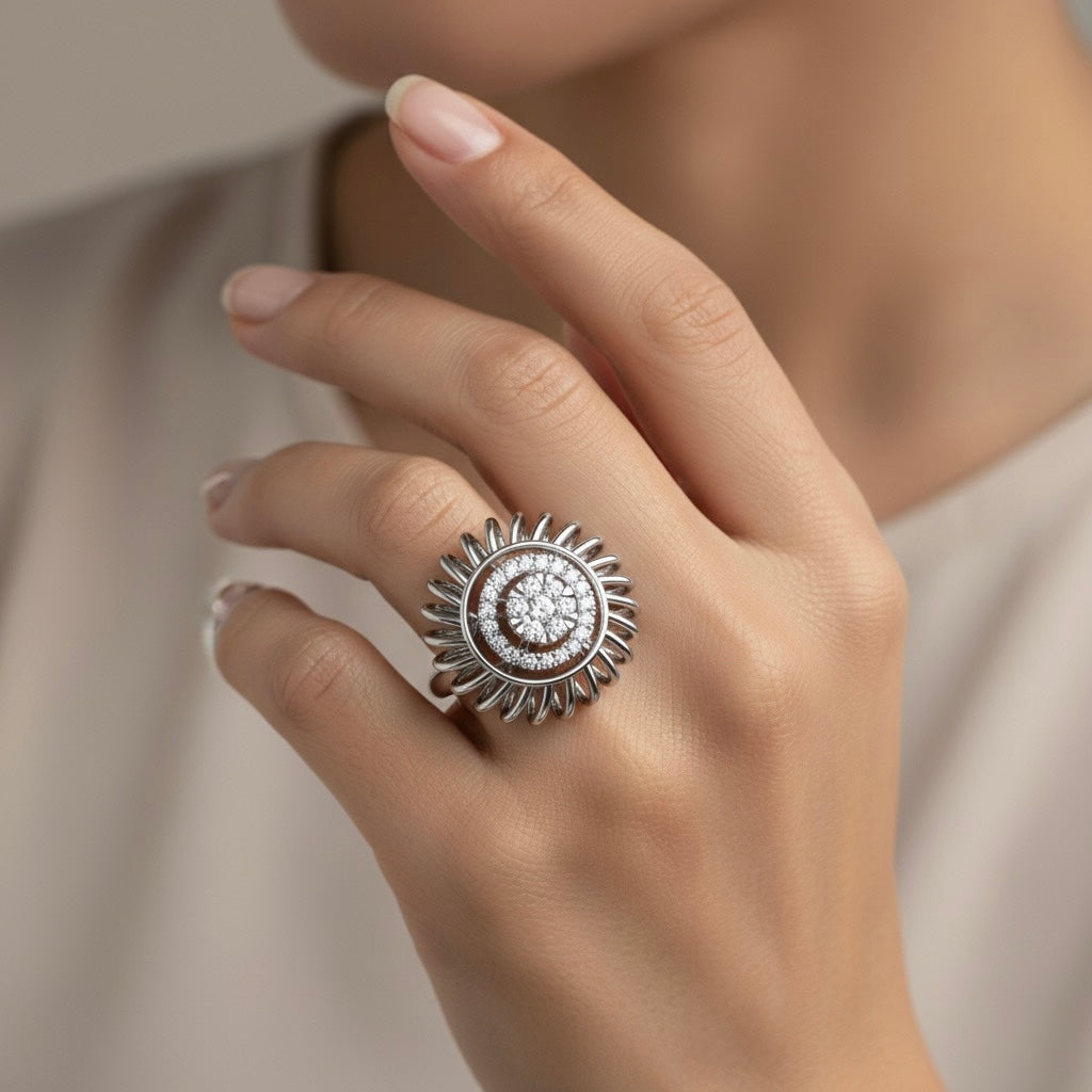 Diamtrendz 925 sterling silver white gold plated cubic zirconia floral ring