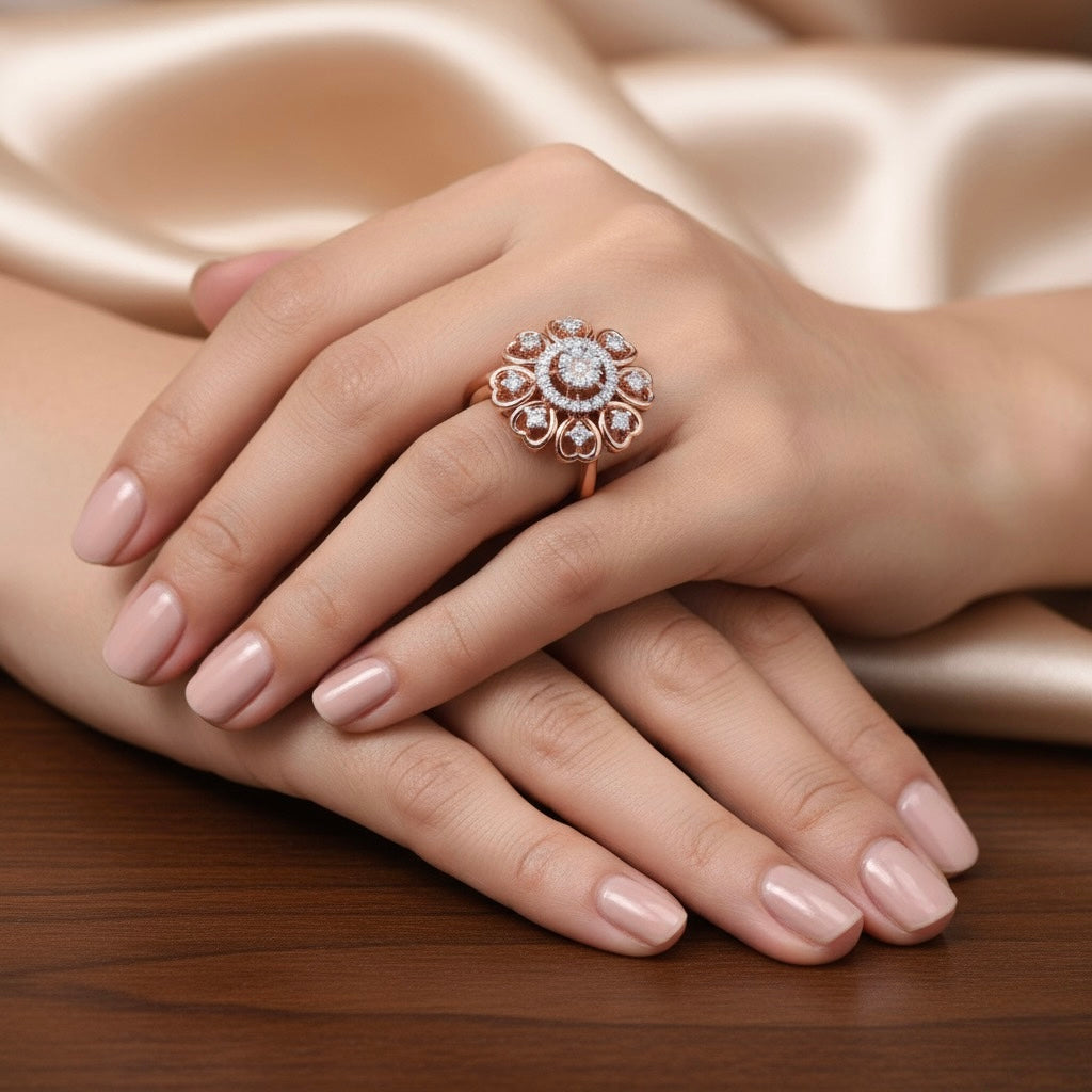 Diamtrendz 925 sterling silver rose gold plated cubic zirconia floral ring