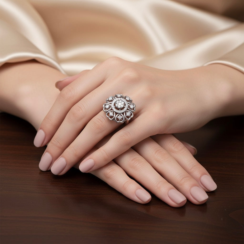 Diamtrendz 925 sterling silver white gold plated cubic zirconia floral ring