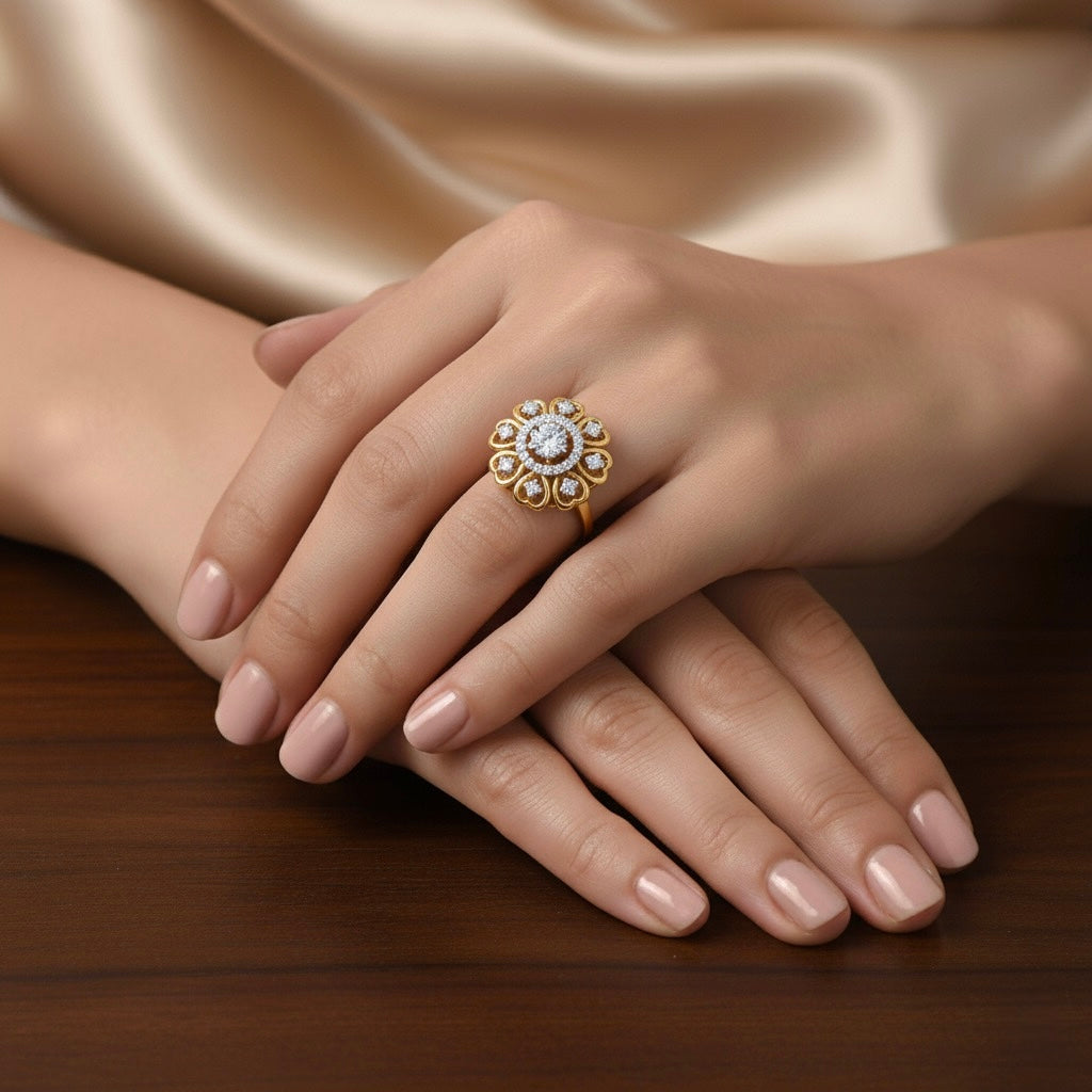 Diamtrendz 925 sterling silver yellow gold plated cubic zirconia floral ring