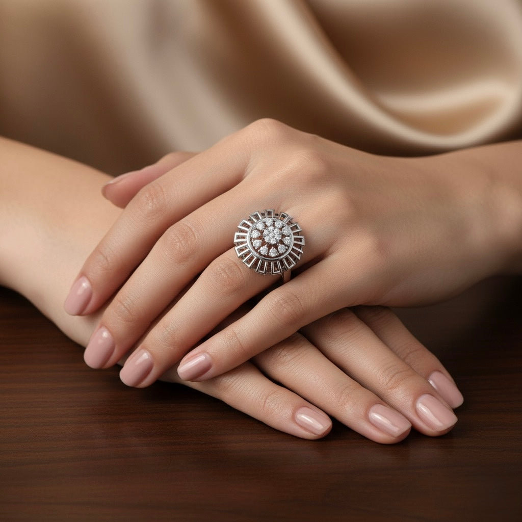 Diamtrendz 925 sterling silver white gold plated cubic zirconia floral ring