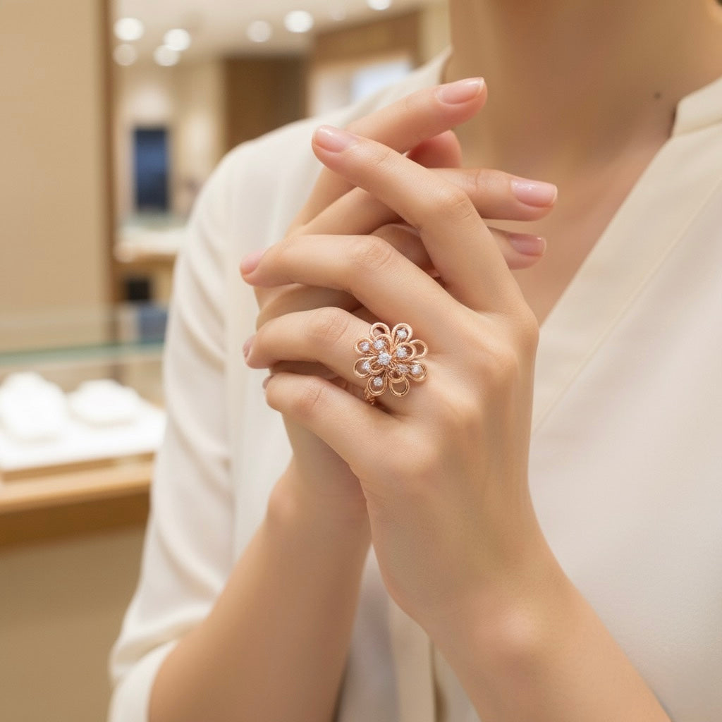Diamtrendz 925 sterling silver rose gold plated cubic zirconia floral ring