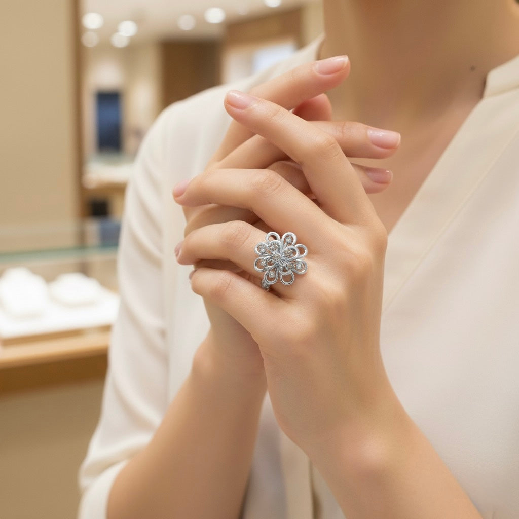 Diamtrendz 925 sterling silver white gold plated cubic zirconia floral ring