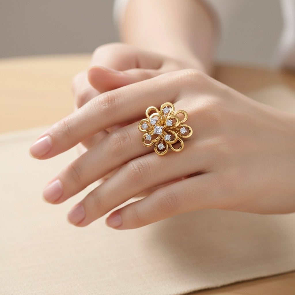 Diamtrendz 925 sterling silver yellow gold plated cubic zirconia floral ring