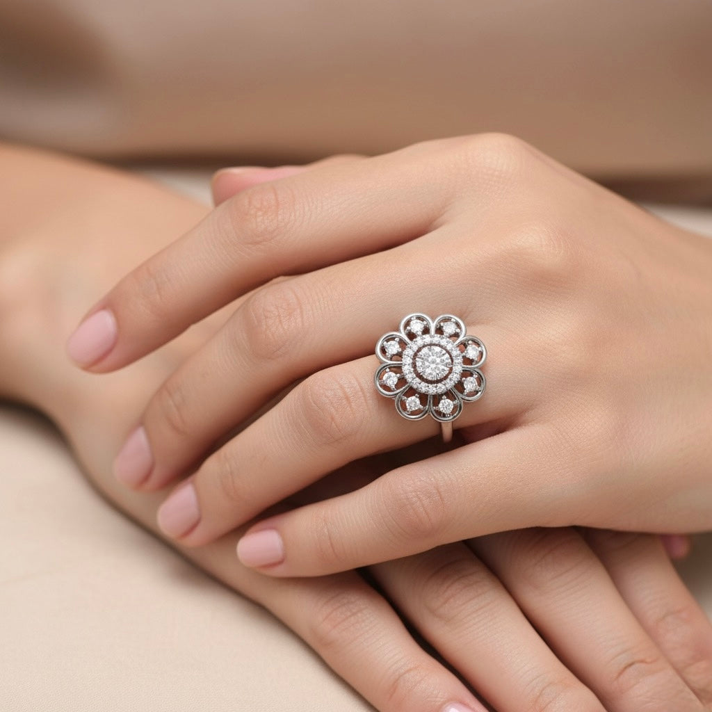 925 Sterling Silver Cubic Zirconia Floral Ring