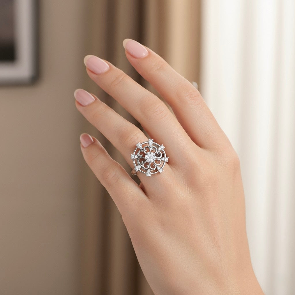 925 Sterling Silver Cubic Zirconia Floral Ring