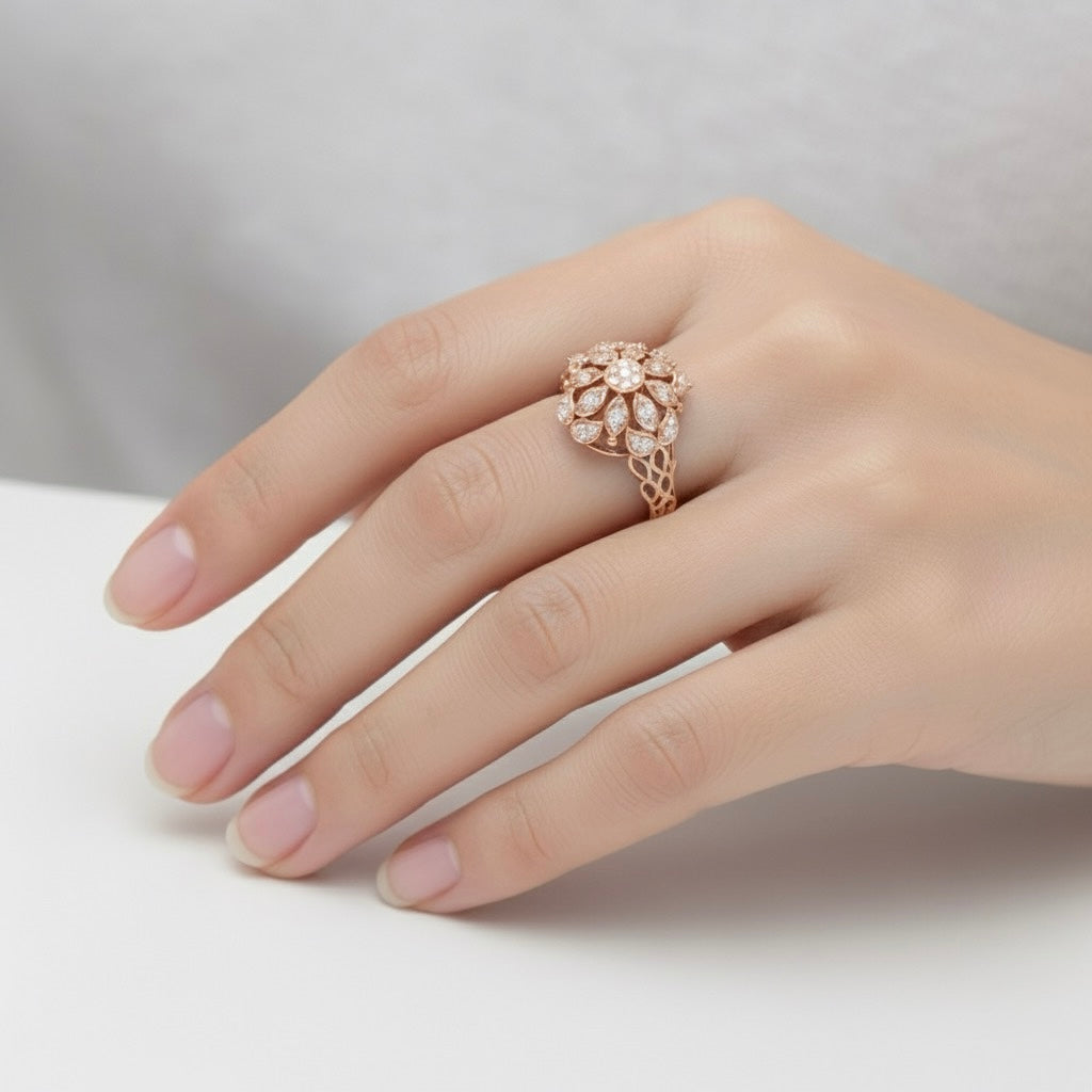 Diamtrendz 925 sterling silver rose gold plated cubic zirconia floral ring