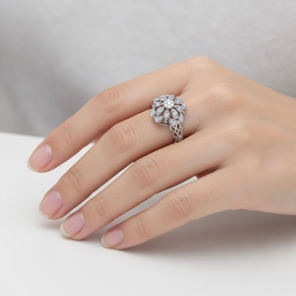 Diamtrendz 925 sterling silver white gold plated cubic zirconia floral ring