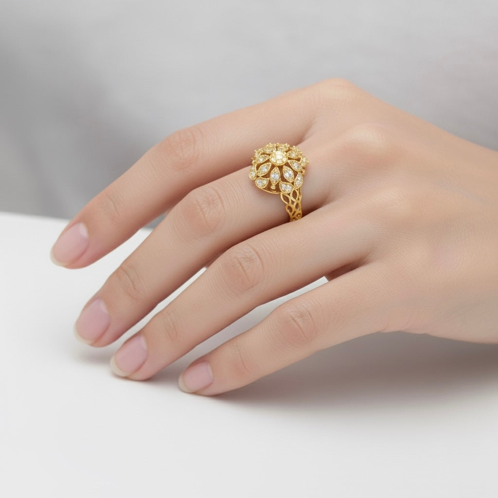 Diamtrendz 925 sterling silver yellow gold plated cubic zirconia floral ring