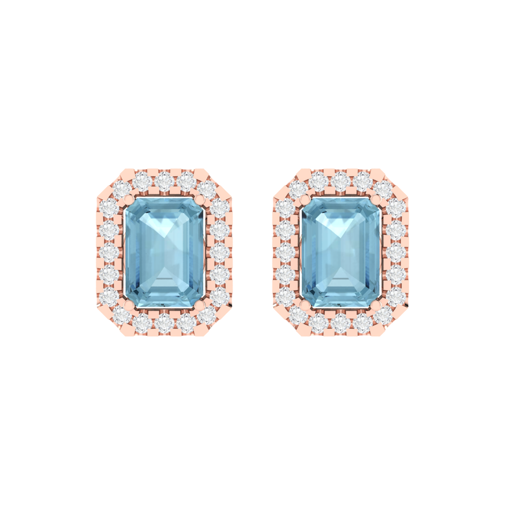 rose gold plated sterling silver emerald shape aquamarine stud earrings