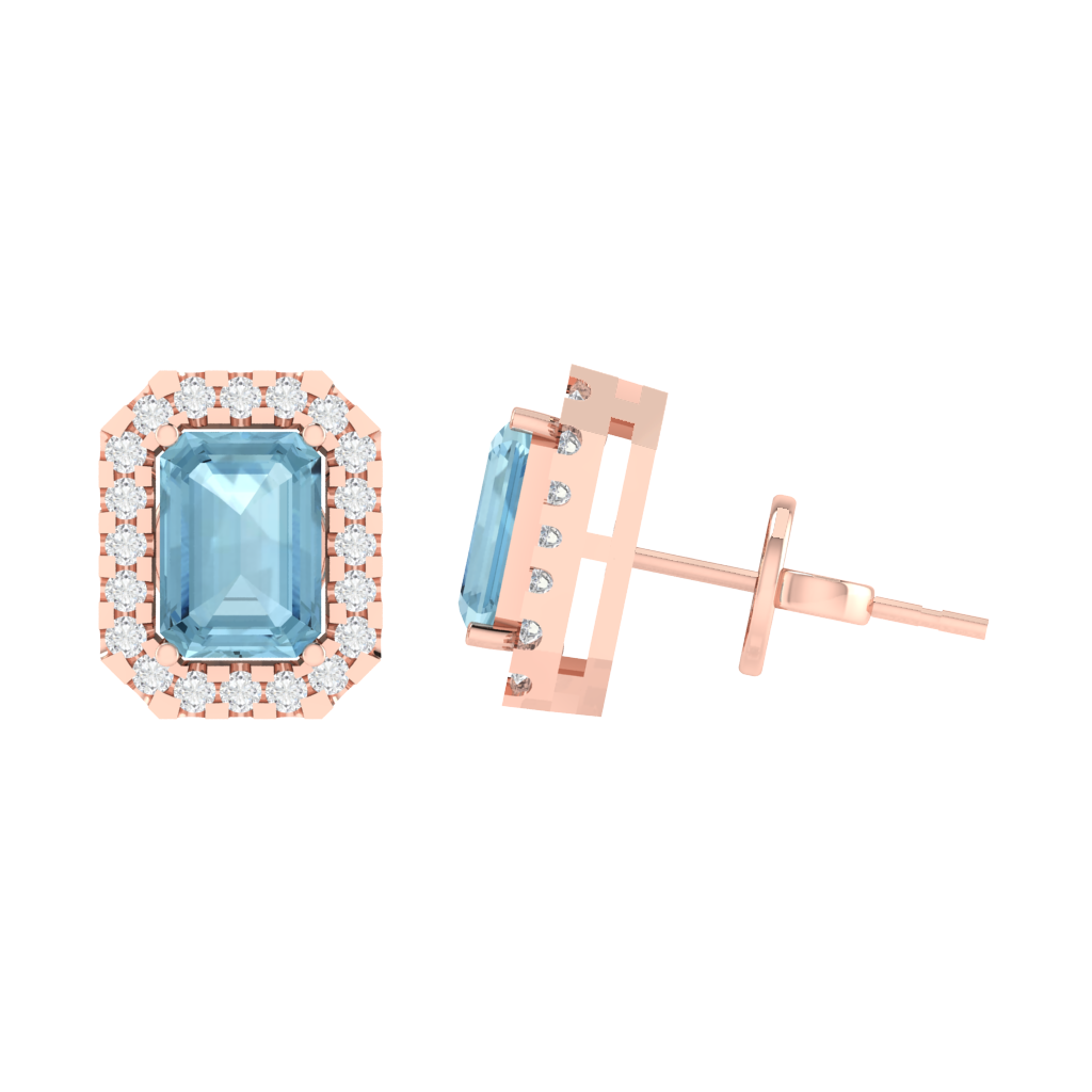 rose gold plated sterling silver emerald shape aquamarine stud earrings