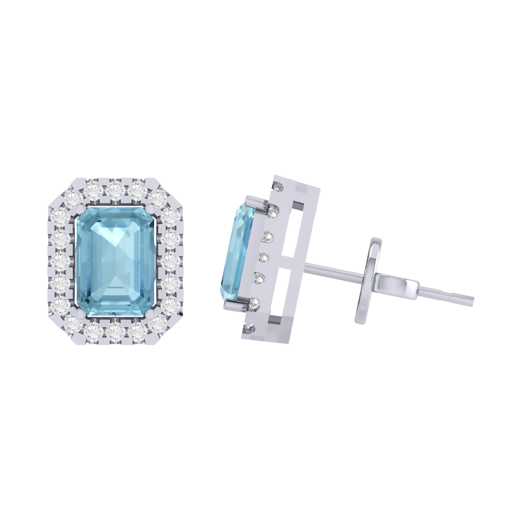 white gold plated sterling silver emerald shape aquamarine stud earrings