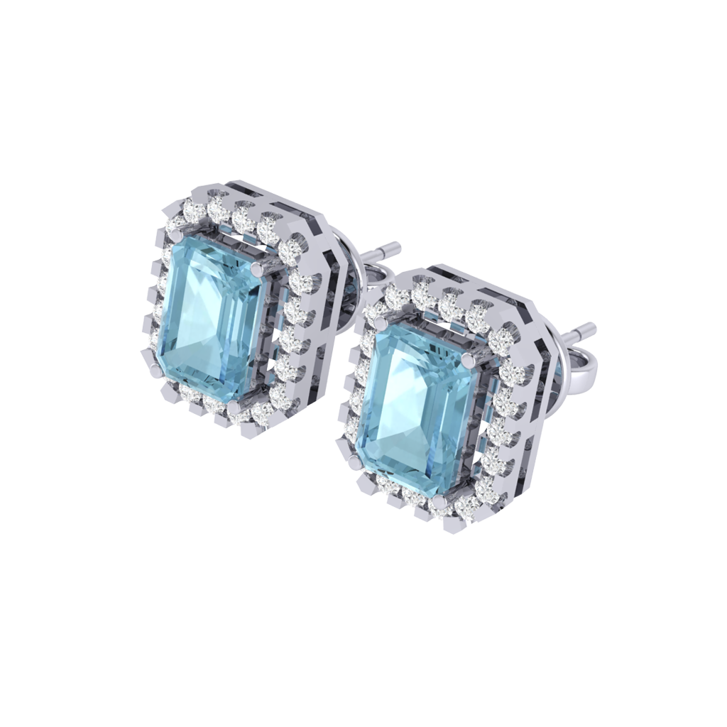 white gold plated sterling silver emerald shape aquamarine stud earrings
