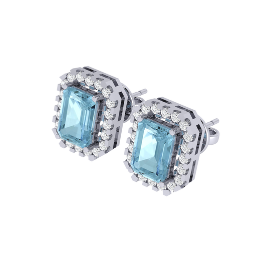 white gold plated sterling silver emerald shape aquamarine stud earrings