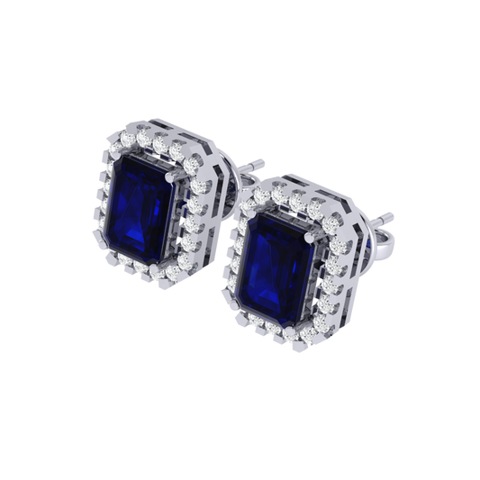 white gold plated sterling silver emerald shape sapphire stud earrings