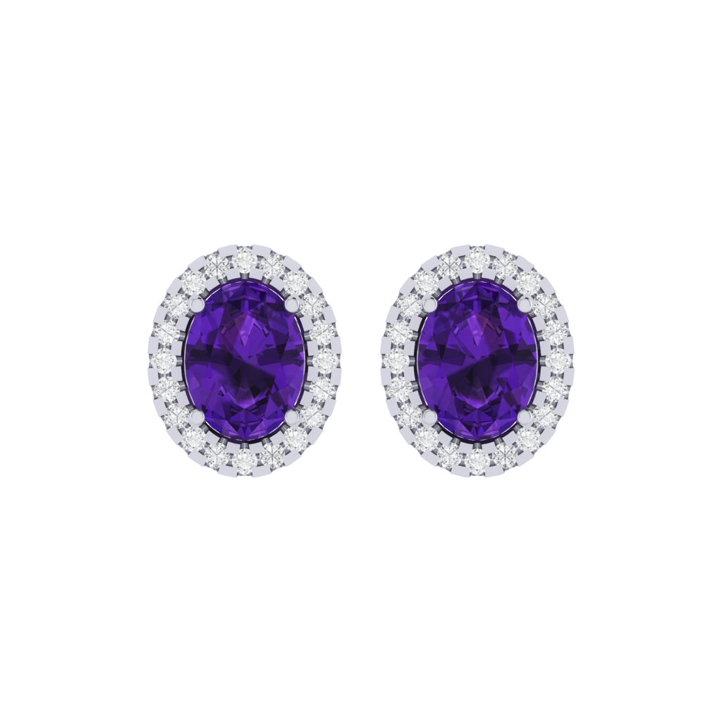 white gold plated sterling silver oval shape amethyst stud earrings
