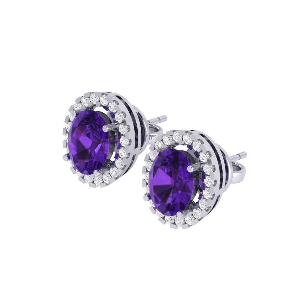 white gold plated sterling silver oval shape amethyst stud earrings