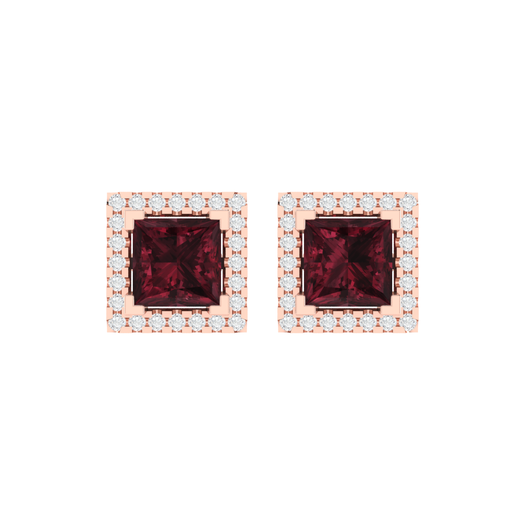 rose gold plated sterling silver princess shape garnet stud earrings