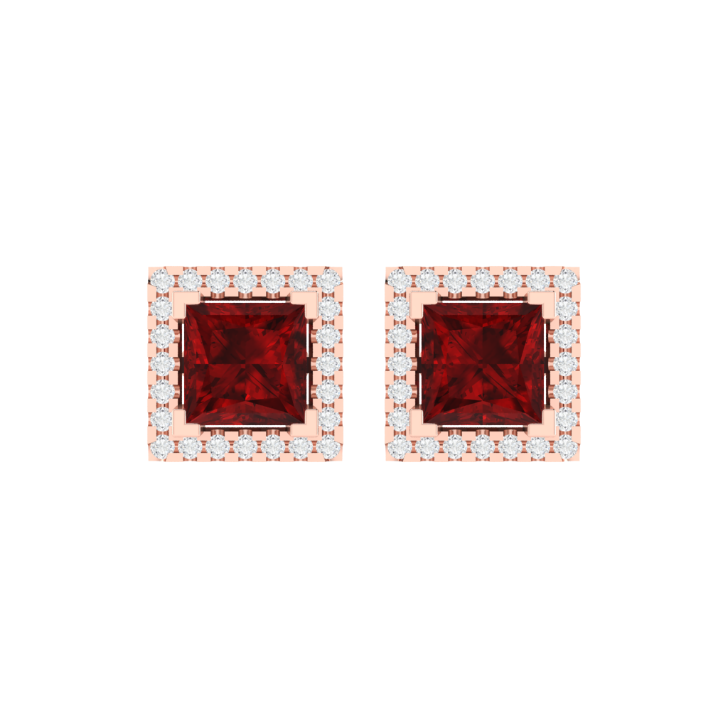 rose gold plated sterling silver princess shape ruby stud earrings
