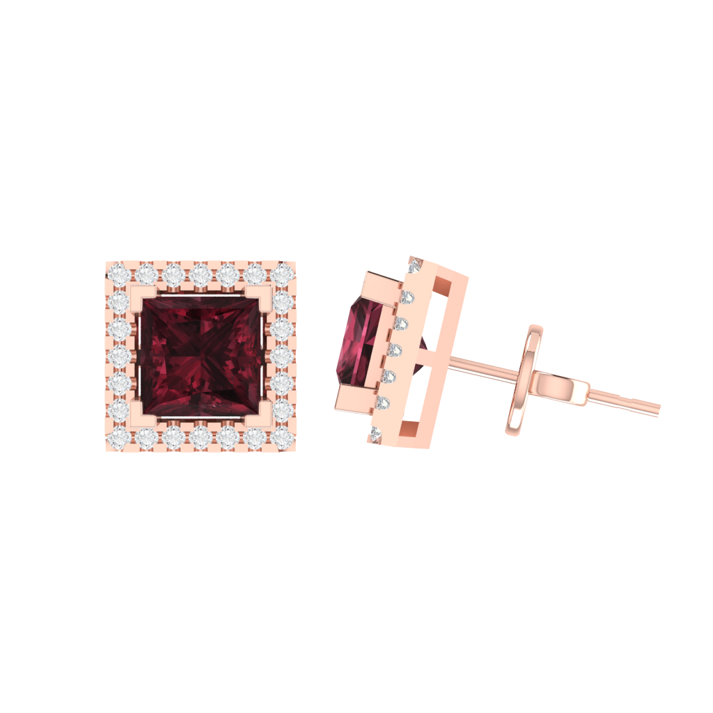 rose gold plated sterling silver princess shape garnet stud earrings