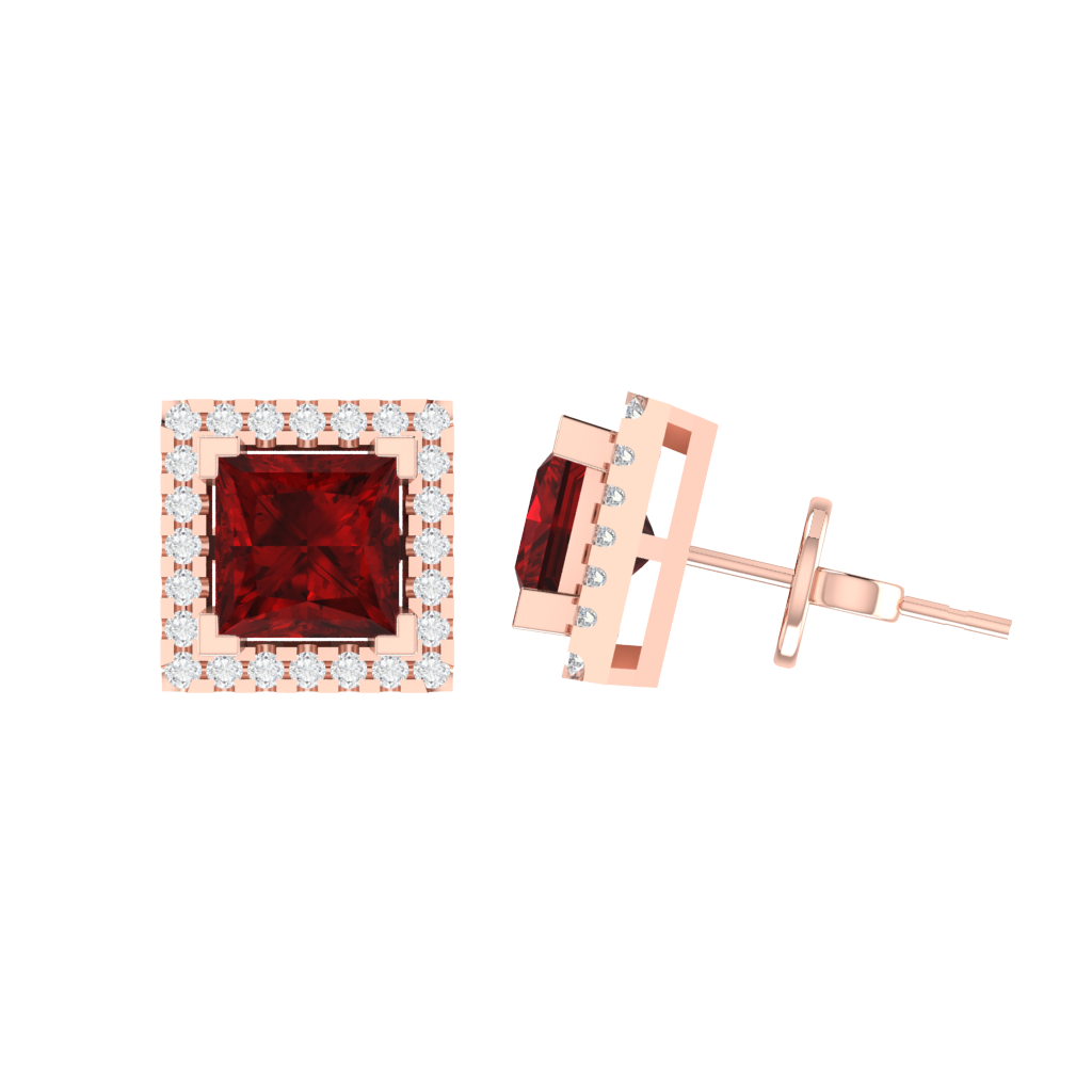 rose gold plated sterling silver princess shape ruby stud earrings