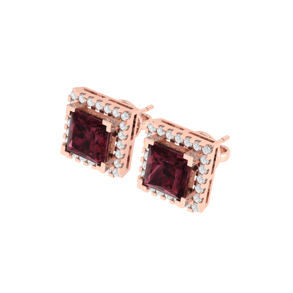 rose gold plated sterling silver princess shape garnet stud earrings