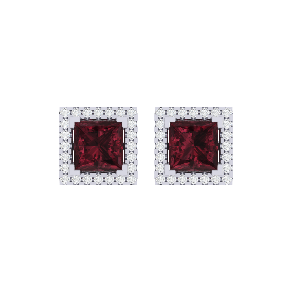 white gold plated sterling silver princess shape garnet stud earrings