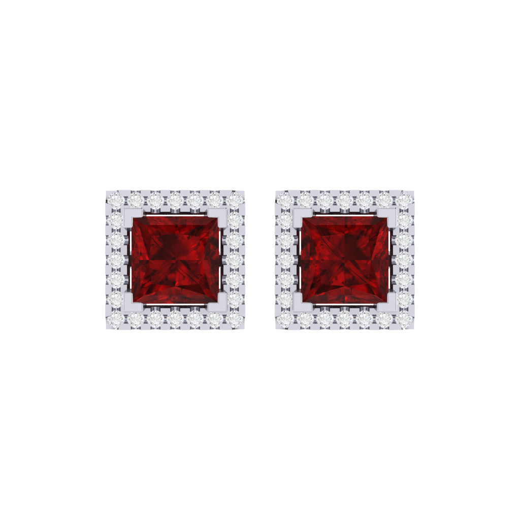 white gold plated sterling silver princess shape ruby stud earrings