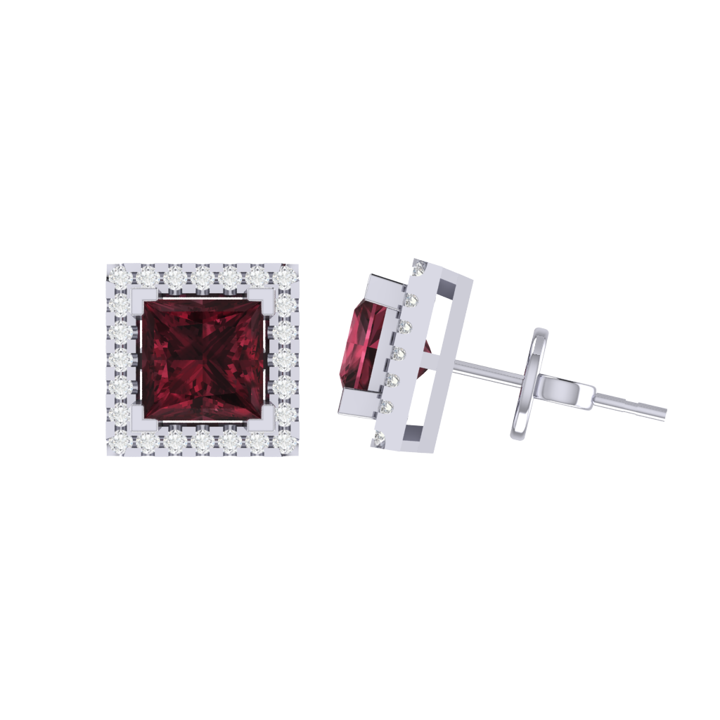 white gold plated sterling silver princess shape garnet stud earrings