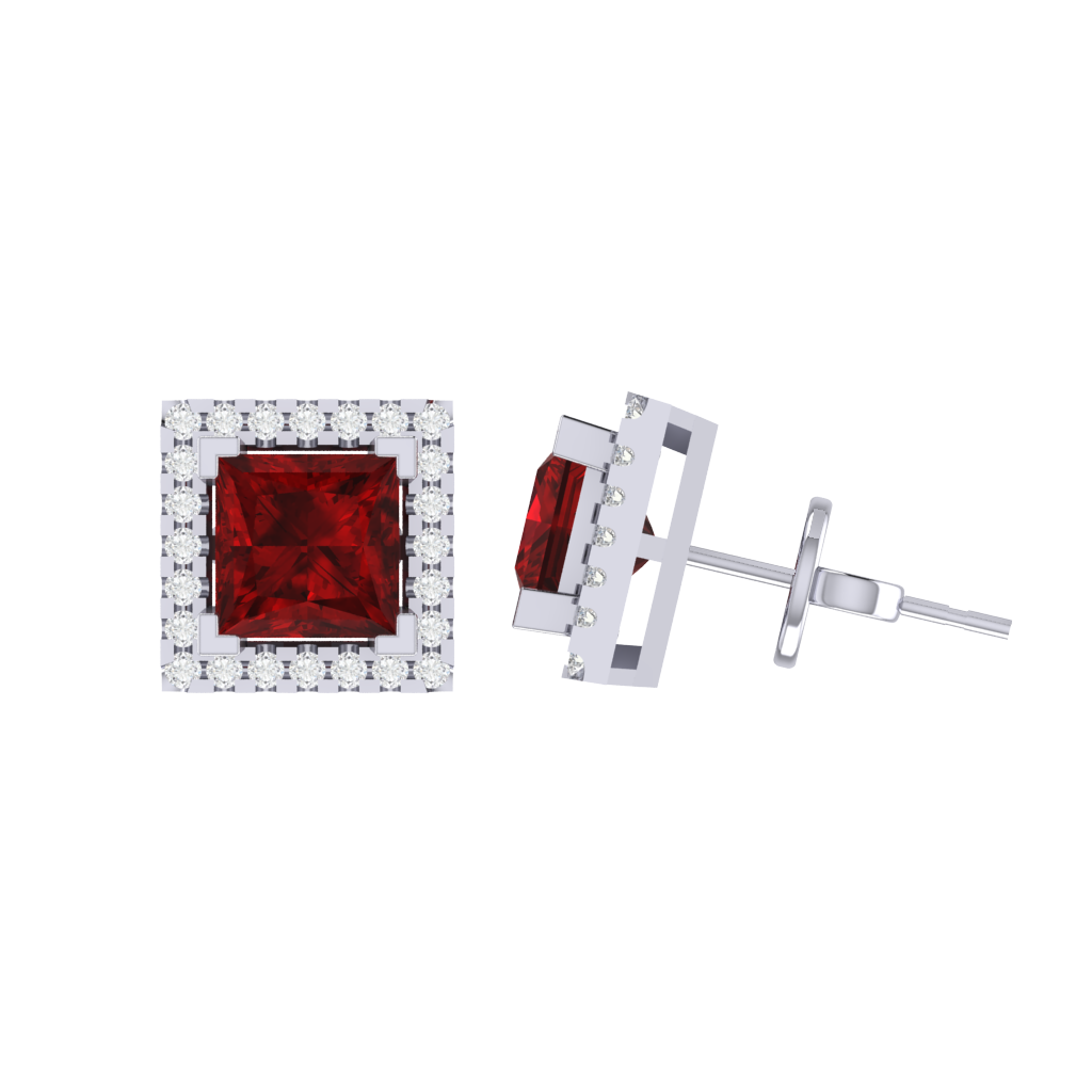 white gold plated sterling silver princess shape ruby stud earrings
