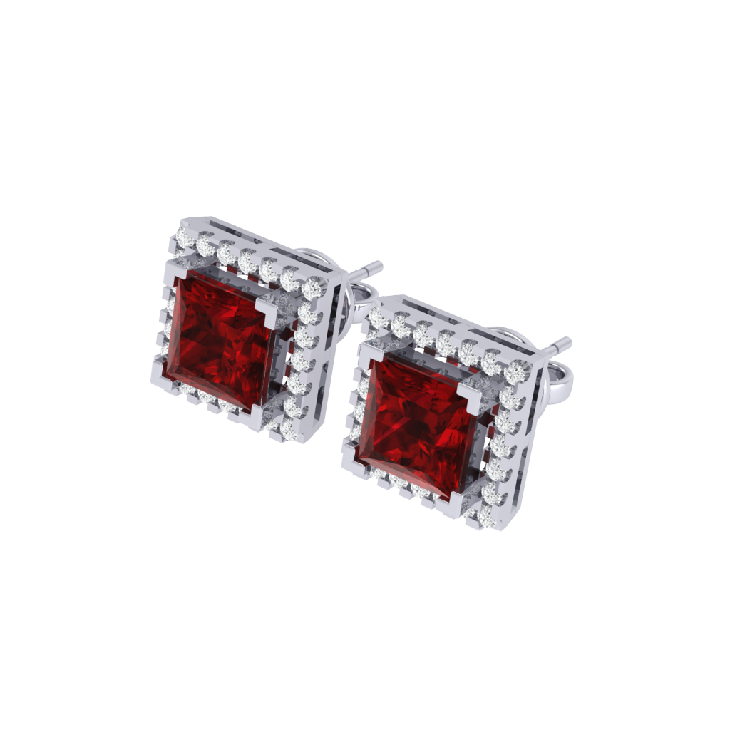 white gold plated sterling silver princess shape ruby stud earrings
