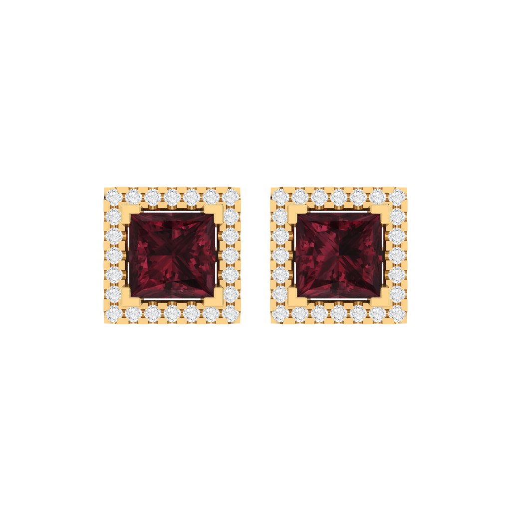 yellow gold plated sterling silver princess shape garnet stud earrings