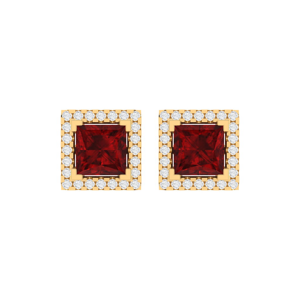 yellow gold plated sterling silver princess shape ruby stud earrings