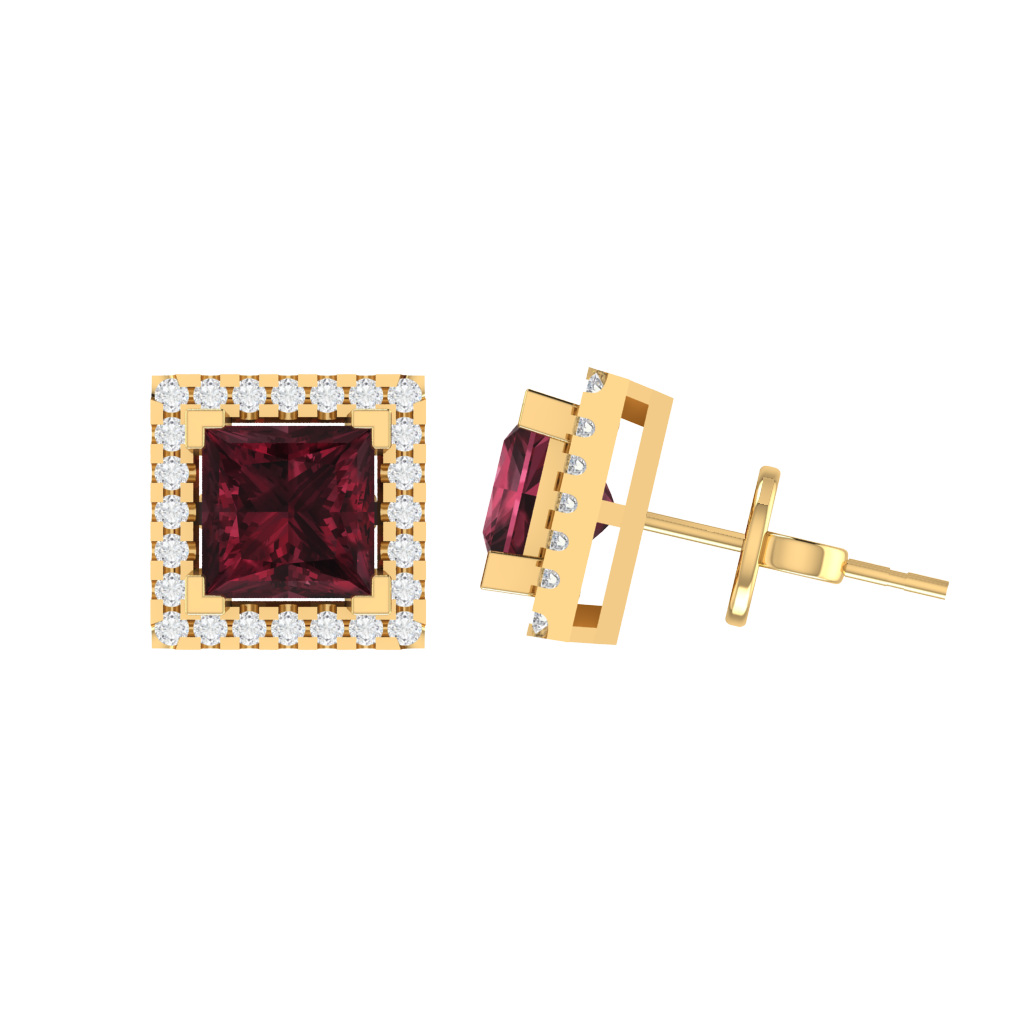 yellow gold plated sterling silver princess shape garnet stud earrings
