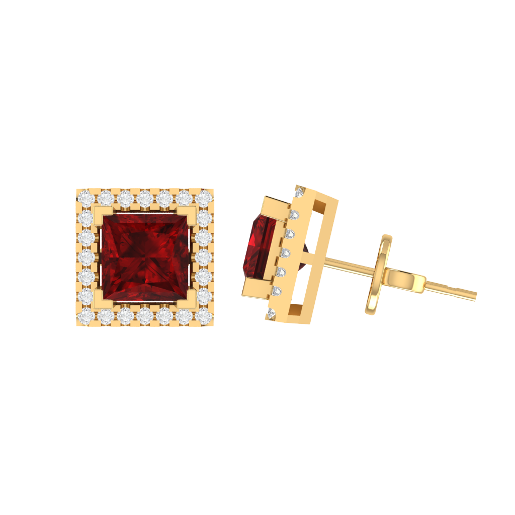 yellow gold plated sterling silver princess shape ruby stud earrings