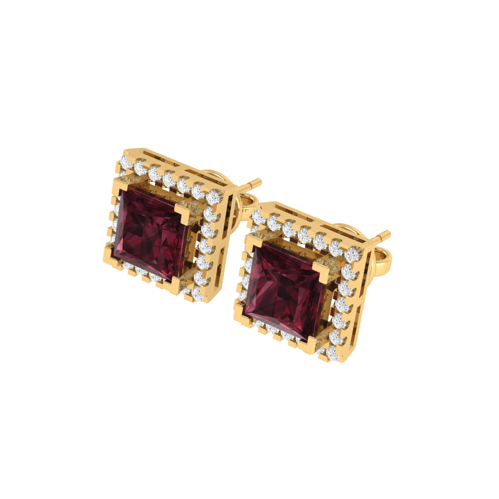 yellow gold plated sterling silver princess shape garnet stud earrings