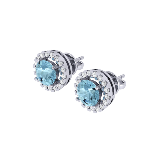 white gold plated sterling silver round shape aquamarine stud earrings