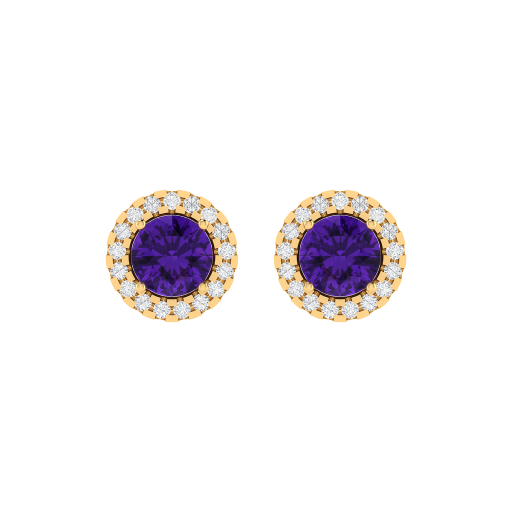 yellow gold plated sterling silver round shape amethyst stud earrings