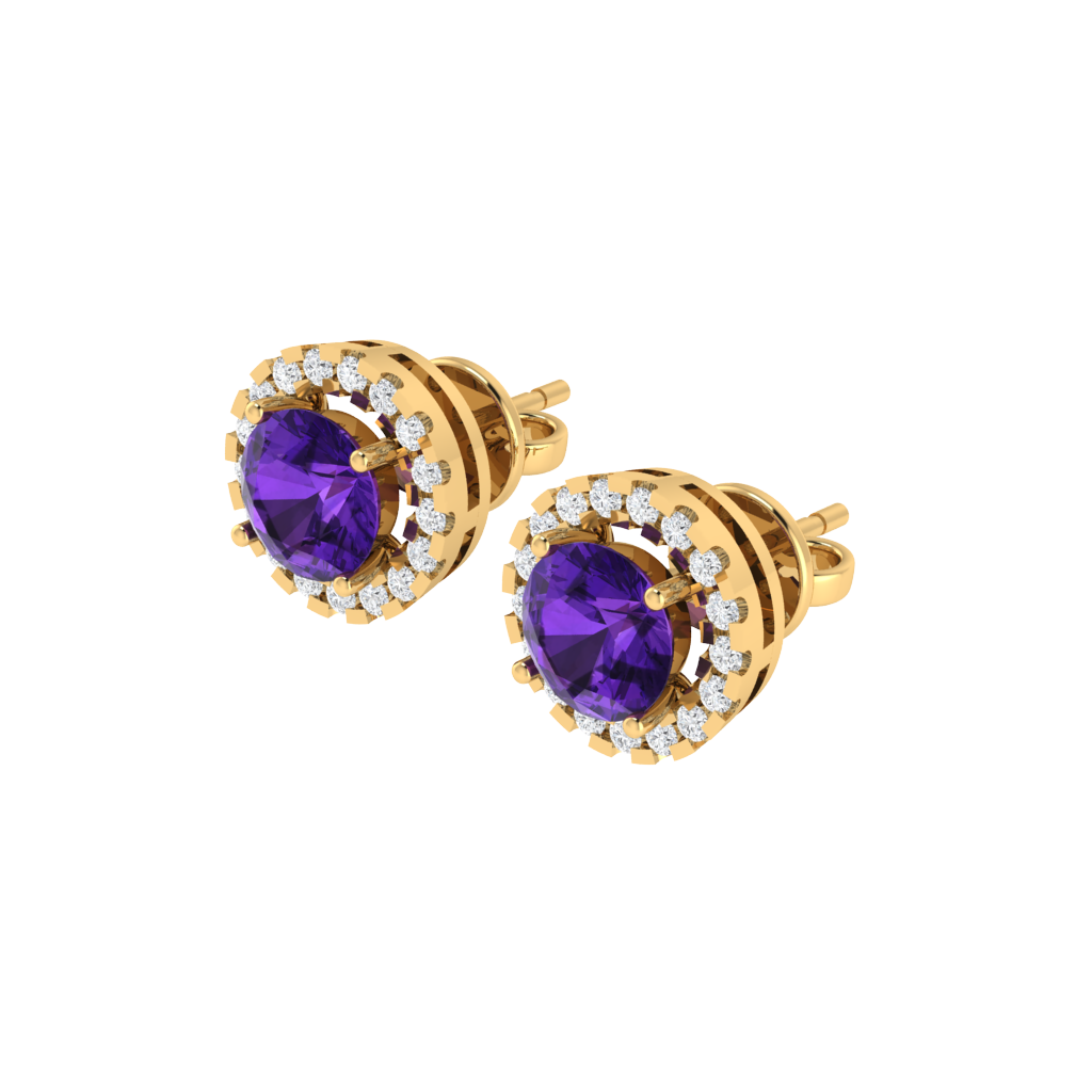 yellow gold plated sterling silver round shape amethyst stud earrings
