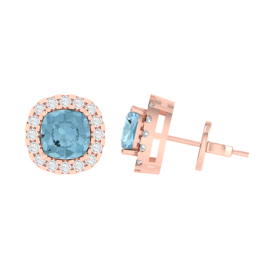 rose gold plated sterling silver cushion shape aquamarine stud earrings