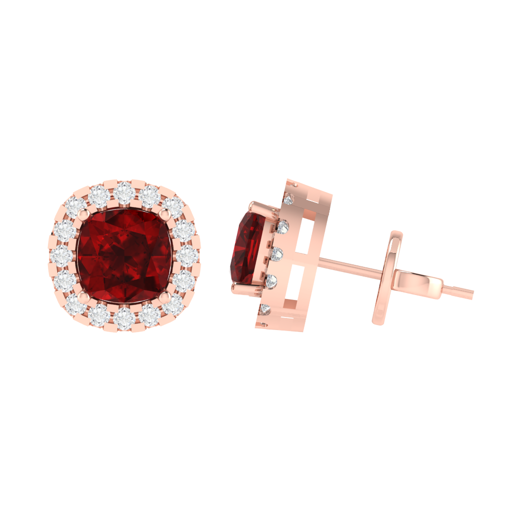 rose gold plated sterling silver cushion shape ruby stud earrings