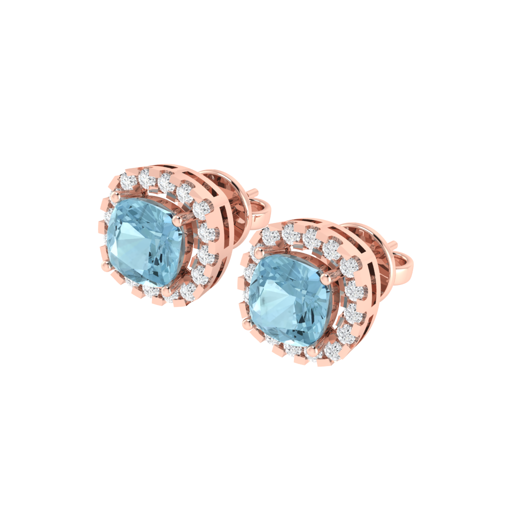 rose gold plated sterling silver cushion shape aquamarine stud earrings