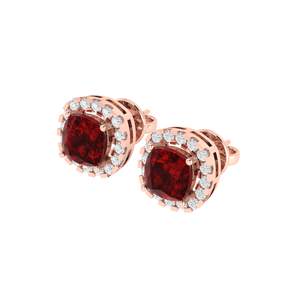 rose gold plated sterling silver cushion shape ruby stud earrings