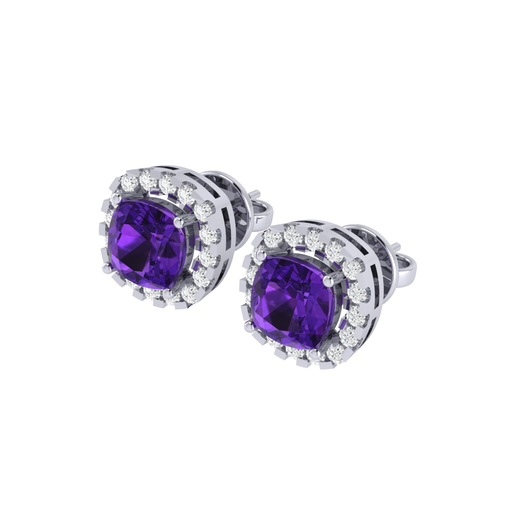 white gold plated sterling silver cushion shape amethyst stud earrings