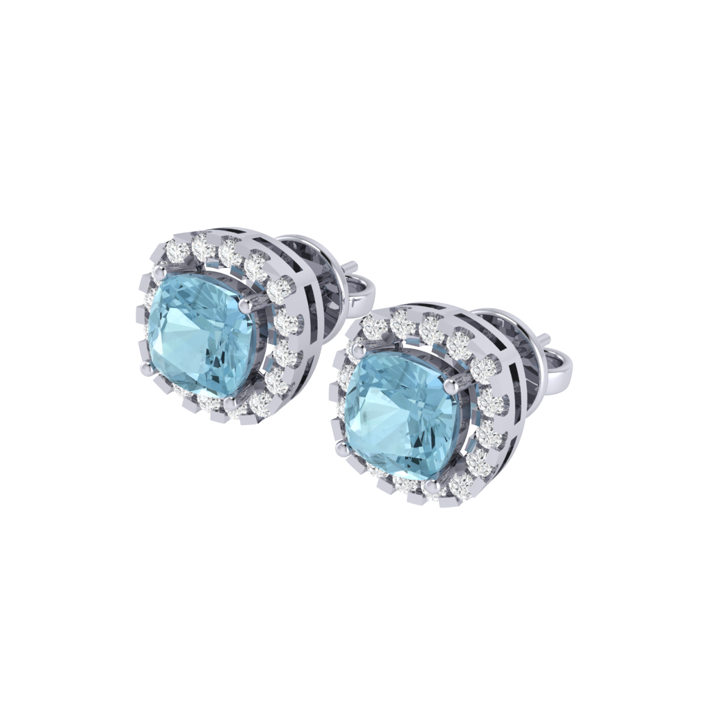 white gold plated sterling silver cushion shape aquamarine stud earrings