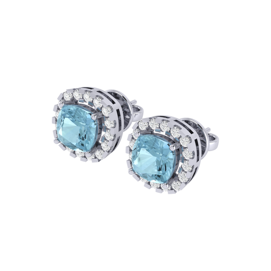 white gold plated sterling silver cushion shape aquamarine stud earrings