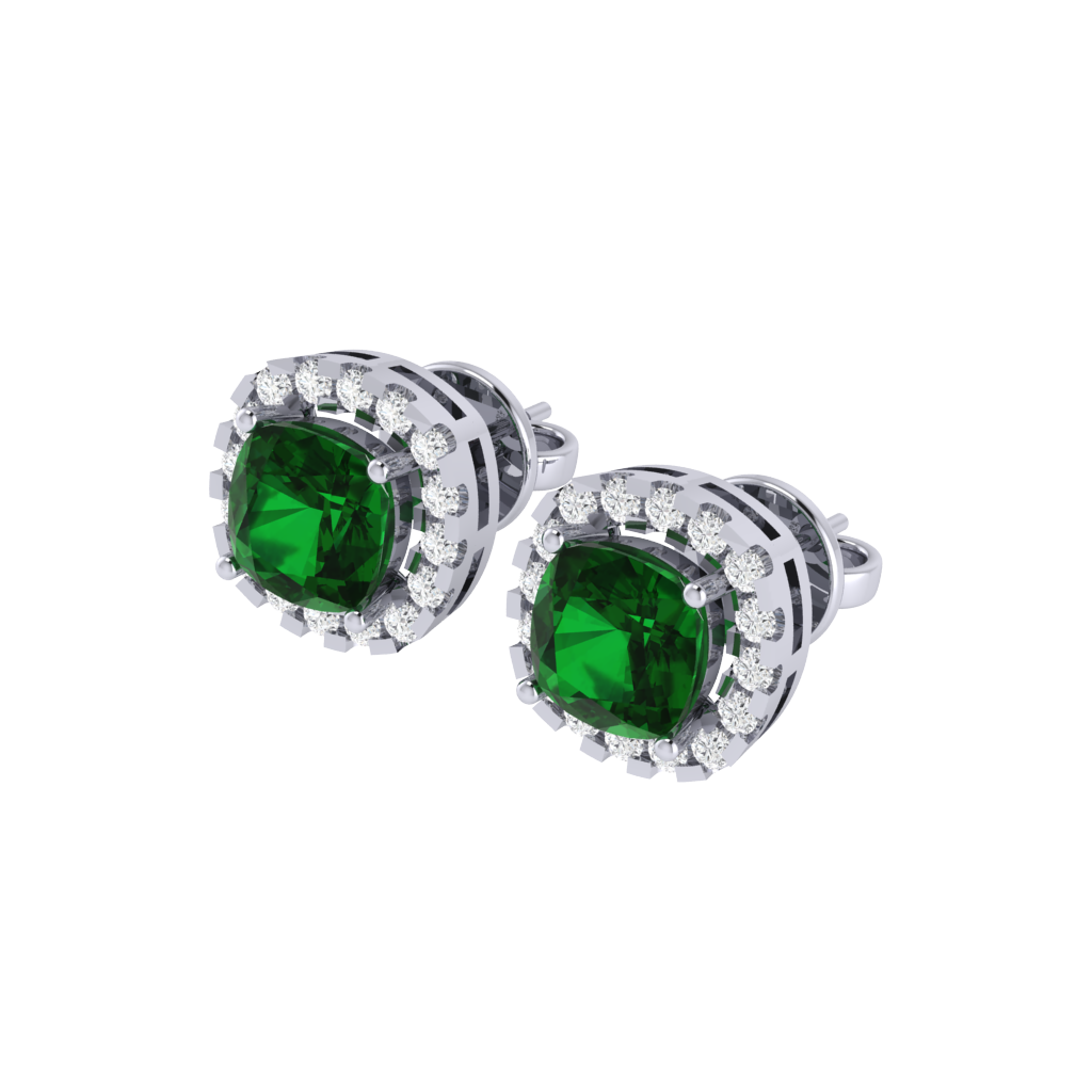 white gold plated sterling silver cushion shape emerald stud earrings